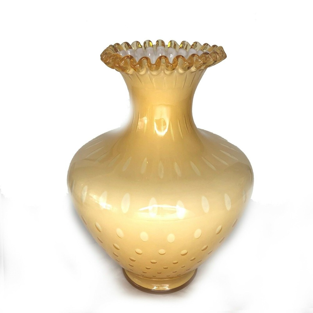 Fenton Vase Honey Amber Cased to White Controlled Bubble Vintage 1960's 11 1/2"+